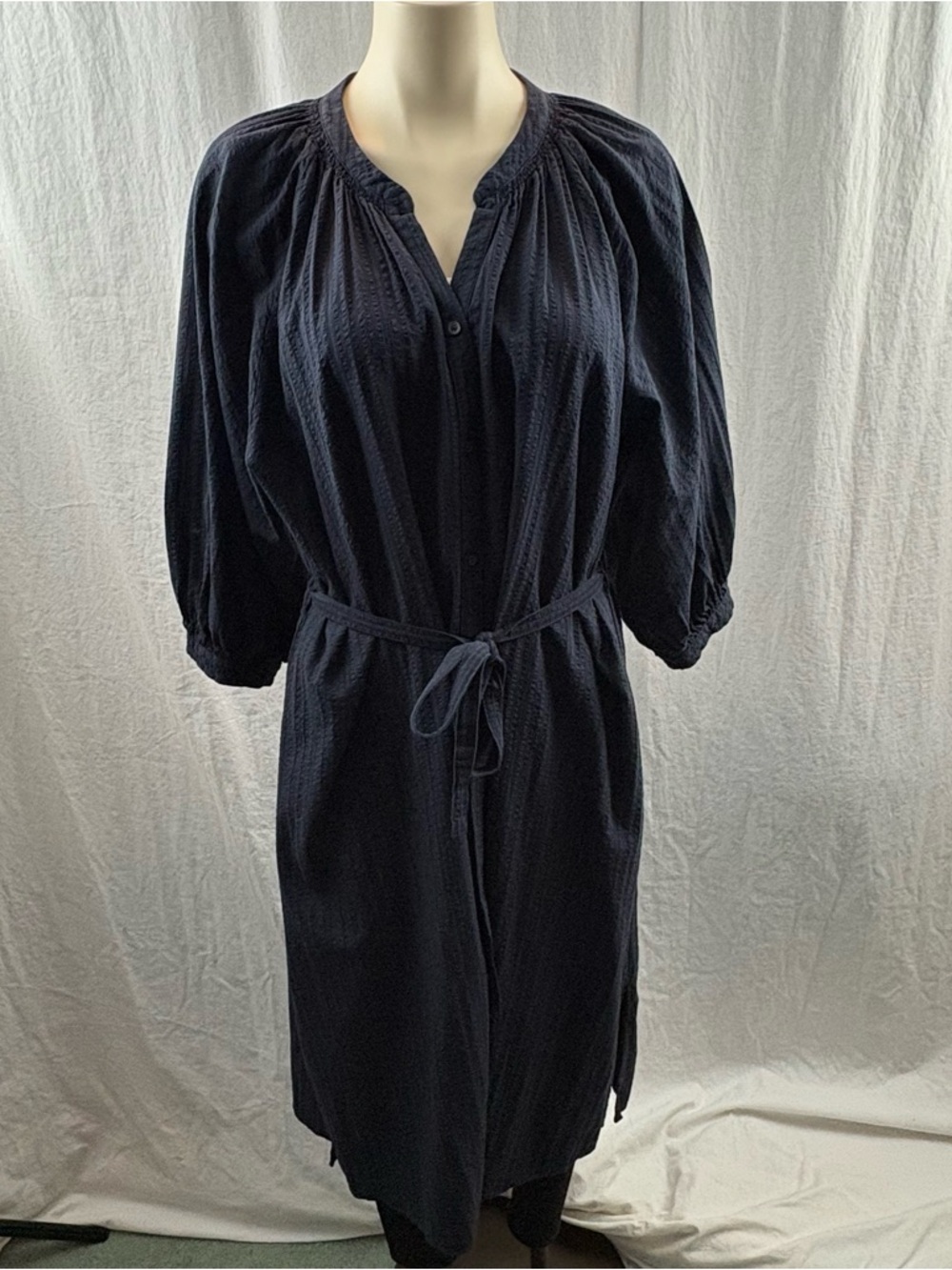 Uniqlo Navy Cotton Dobby Peasant Dress with 3/4 sleeves M - Picture 3 of 13